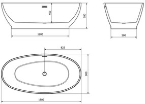 Mexen Bilbao, voľne stojaca vaňa 180 x 90 cm, biela, brúsený grafit prepad, 51311809000-95