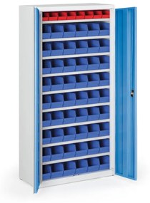 Skriňa s plastovými boxami BASIC - 1800 x 400 x 920 mm, 8xA/54xB, sivá/modré dvere