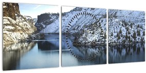 Obraz - zimná krajina s jazerom (s hodinami) (90x30 cm)