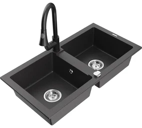 Mexen Mario, 2-komorový granitový drez 820x436x161 mm a drezová batéria Elia, čierna škvrnitá, 6504-76-670101-70