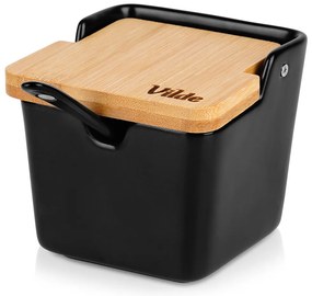 VILDE Černá keramická cukřenka /solnička s bambusovým víčkem a lžičkou, 250ml VILDE, hranatá