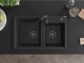 Mexen Tomas, granitový drez 800x500x190 mm, 2-komorový, čierna-strieborná metalíza s čiernym sifónom, 6516802000-73-B