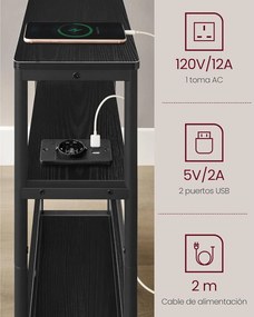 Úzky nočný stolík s funkciou nabíjania, 18 x 45 x 58 cm, čierny