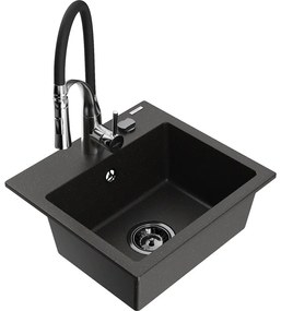 Mexen Milo, 1-komorový granitový drez 435x410x171 mm a drezová batéria Aster, čierna-zlatá metalíza, 6505-75-73450-07-B