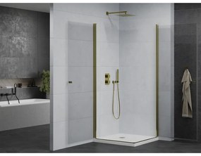 Mexen Pretoria Duo, sprchovací kút s 2-krídlovými dverami 80 (dvere) x 80 (dvere) cm, 6mm číre sklo, zlatý profil + slim sprchová vanička 5cm biela so zlatým sifónom, 852-080-080-50-02-4010G