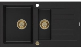 Mexen Matias - drez granitový 900x505x200 mm, 1,5-komorový, čierna so zlatým sifónom, 6502901505-77-G