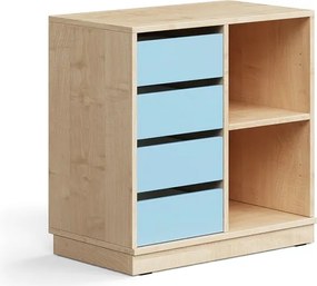 Úložná skrinka CASPER, 4 zásuvky, 2 priehradky, so soklom, breza/sky blue