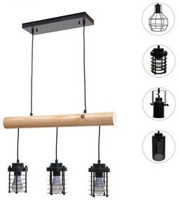 Závesné svietidlo H83 industrial, klietka 3 74208 - kov / drevo - Čierna