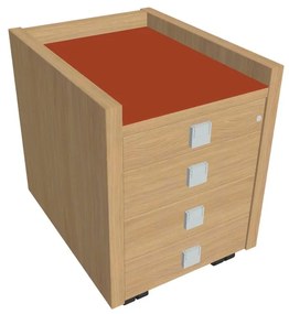 Mobilný kontajner Verno 47 x 60 cm so sklom, 4 zásuvky, dub svetlý / oranžová