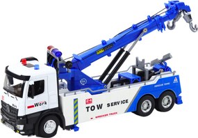 LEAN Toys Nákladné auto s žeriavom, dvoma hákmi, kovové, bielo-modré, svetlá a zvuky