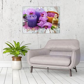Sklenený obraz orchideí a sviečok (70x50 cm)