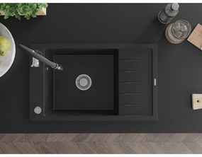 Mexen Elias, 1-komorový granitový drez 795x480x200 mm a drezová batéria Aster, čierna, 6511-77-73450-07