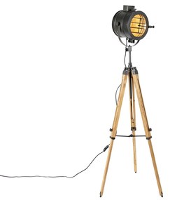 Trojnohý stojaca lampa čierna s dreveným štúdiovým svetlom - Radient