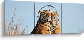 Obraz - Tigrice a jej mláďa (s hodinami) (90x30 cm)