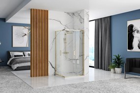 Rea Punto, sprchový kút s posuvnými dverami 90(dvere) x 90(dvere) x 190 cm, 5mm číre sklo, zlatý lesklý profil + biela sprchová vanička Savoy, KPL-K6440