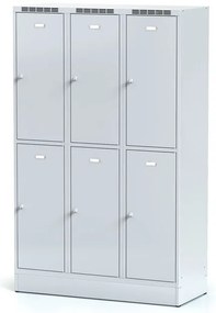 Alfa 3 Šatníková skrinka S6 na sokli s úložnými boxami, 6 boxov, 1920 x 1200 x 500 mm, otočný zámok, sivé dvere