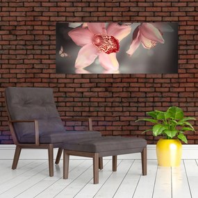 Obraz - Kvety a motýľ (120x50 cm)