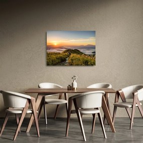 Sklenený obraz hory pri západe slnka (70x50 cm)