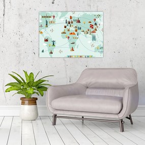 Sklenený obraz - Mapa s piktogramami pamiatok (70x50 cm)