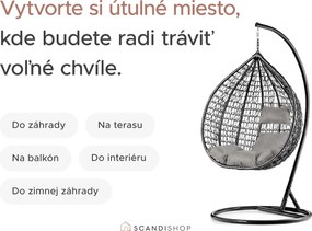 Sivé závěsné kreslo KOKON so stojanom, béžový vankúš so vzorom