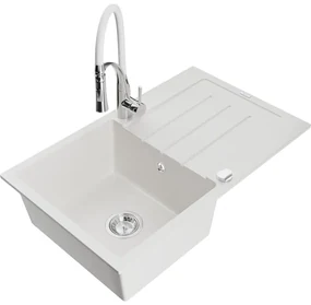 Mexen Bruno, 1-komorový granitový drez 795x495x200 mm a drezová batéria Aster, biela, 6513-20-73450-02