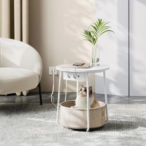 Okrúhly príručný stolík s nabíjacou stanicou, malý stolík so zásuvkou, matná biela a béžová farba