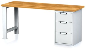 Dielenský pracovný stôl MECHANIC I, pevná noha + dielenský box na náradie, 3 zásuvky, 2000 x 685 x 880 mm, sivé dvere
