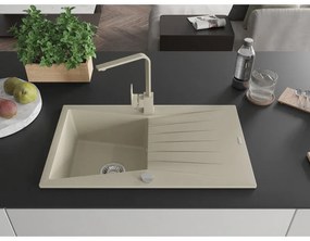 Mexen Cesar, granitový drez 775x470x190 mm, 1-komorový, béžová s chrómovým sifónom a béžová drezová batéria Rita, 6514-69-670300-69