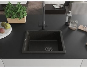 Mexen Pedro, granitový drez 560x460x200 mm, 1-komorový, čierna-zlatá metalíza s čiernym sifónom, 6508561000-75-B