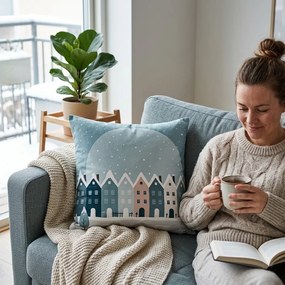 Modrý vankúš so zasneženými domčekmi - 45*45*4 cm