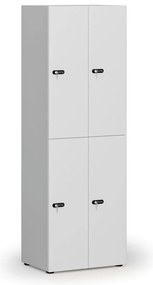Drevená šatníková skrinka s úložnými boxmi, 4 boxy, mechanický kódový zámok, sivá/biela