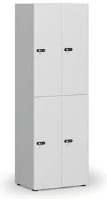 Drevená šatníková skrinka s úložnými boxmi, 4 boxy, mechanický kódový zámok, sivá/biela