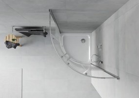 Mexen Rio, štvrťkruhový sprchovací kút s posuvnými dverami 80 x 80 cm, 6mm číre sklo/pásy, chrómový profil + biela sprchová vanička, 863-080-080-01-20-4110