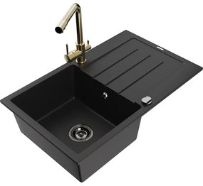 Mexen Bruno, 1-komorový granitový drez s odkvapkávačom 795x495x200 mm a zlatá batéria Duero, čierna, 6513-77-671600-50-B