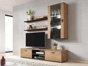 Obývacia stena Boho V, Osvetlenie: osvetlenie LED modré, Farby: čierny / čierny lesk