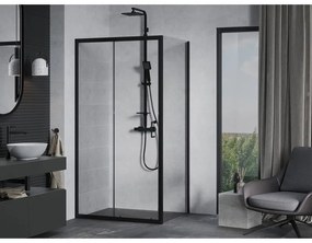 Mexen Apia, sprchový kút s posuvnými dverami 135 (dvere) x 100 (stena) cm, 6mm číre sklo, čierny profil + biela sprchová vanička SLIM, 840-135-100-70-00