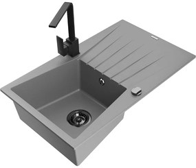 Mexen Cesar, granitový drez 775x470x190 mm, 1-komorový, šedá s čiernym sifónom a čierna drezová batéria Rita, 6514-71-670300-70-B