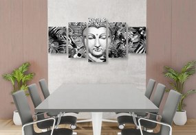 5-dielny obraz Budha na exotickom pozadí v čiernobielom prevedení - 100x50