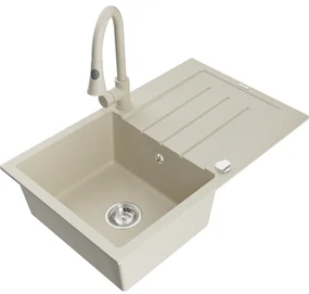 Mexen Bruno, 1-komorový granitový drez 795x495x200 mm a drezová batéria Elia, béžová, 6513-69-670101-69