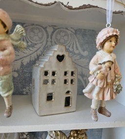 Béžový porcelánový domček svietnik na čajovú sviečku Christmas House S - 7*6*11 cm