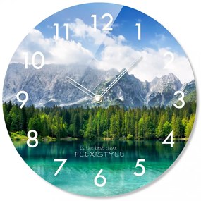 Okrúhle sklenené hodiny 30 cm s motívom horského jazera