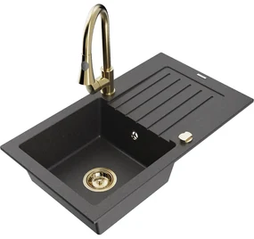 Mexen Pablo, 1-komorový granitový drez 752x436x161 mm a drezová batéria Elia, čierna škvrnitá, 6510-76-670101-50