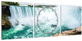 Obraz vodopádov s loďou (s hodinami) (90x30 cm)