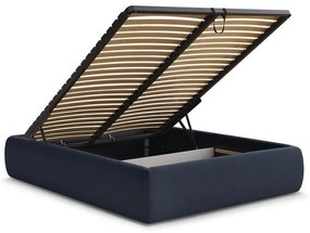 Tmavomodrá čalúnená dvojlôžková posteľ s úložným priestorom/bez čela s roštom 180x200 cm Inera – Bobochic Paris