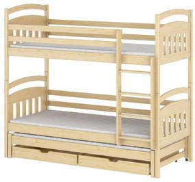 Detská poschodová posteľ z masívu borovice ALDA s prístelkou a šuplíky - 200x90 cm - biela