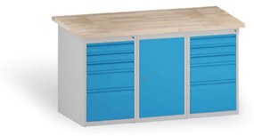 Dielenský stôl KOVONA, 1 závesná skrinka a 10 zásuviek na náradie, buková škárovka, 1500 mm
