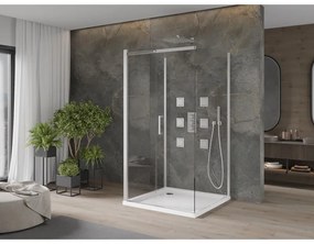 Mexen Omega, 3-stenový sprchovací kút s posuvnými dverami 100 (dvere) x 100 (stena) x 190 cm, 8mm číre sklo, chrómový profil + biela sprchová vanička SLIM, 825-100-100-01-00-3s-4010