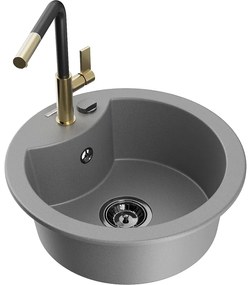 Mexen Diego, 1-komorový granitový drez 488x488x167 mm a drezová batéria Flora, šedá, 6512-71-670401-57-B