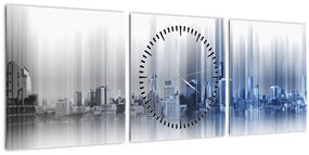 Obraz - Panoráma mesta, modro-šedé (s hodinami) (90x30 cm)