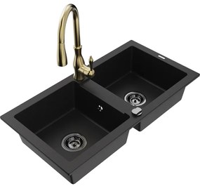 Mexen Mario, 2-komorový granitový drez 820x436x161 mm a drezová batéria Savita, čierna, 6504-77-672601-50-B